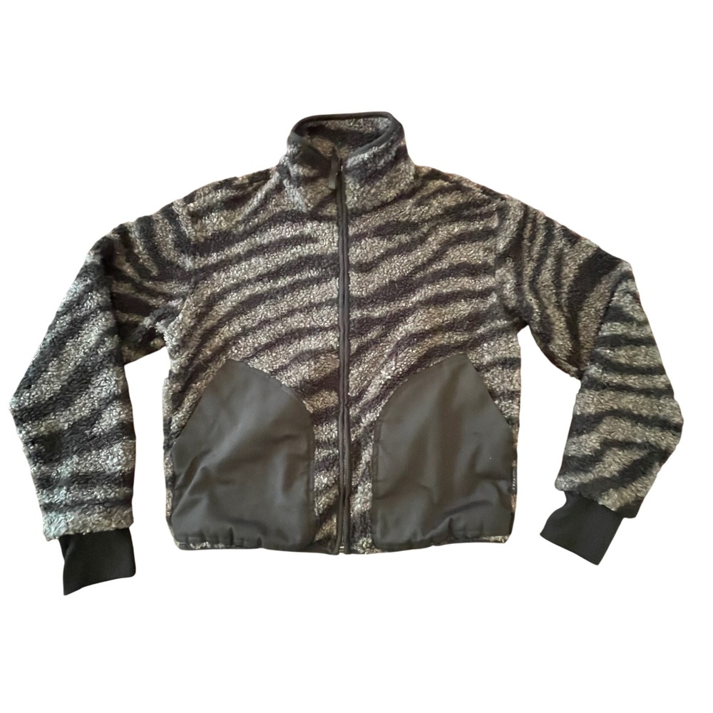 Varley Zebra Print Sherpa Fleece Jacket Grey Black Mock Neck Full Zip Small
